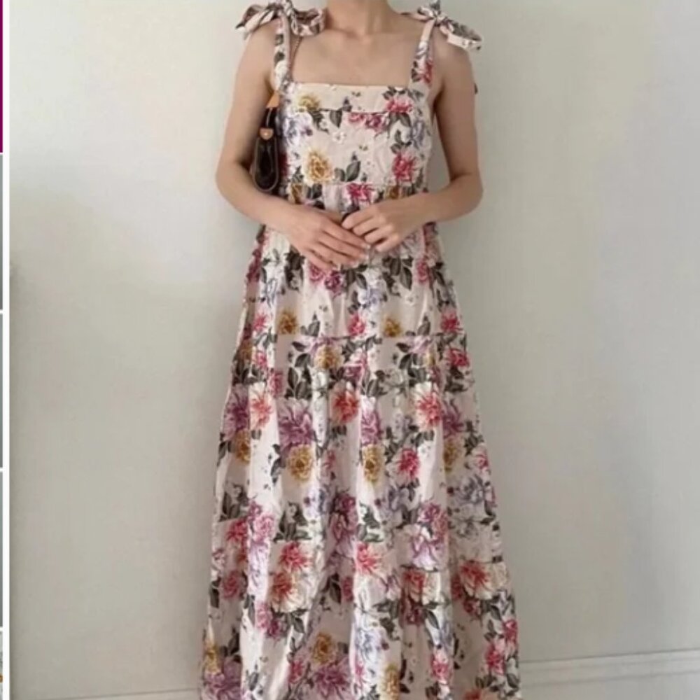 House of Harlow 1960 Dress Tiered Maxi Linen Floral Small Tie Shoulder Boho